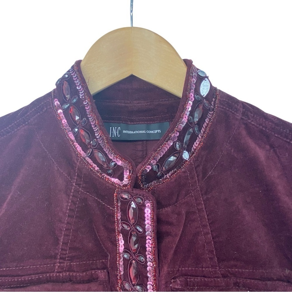 INC International Concepts Burgundy Maroon Velour Jeweled Jacket wms sz M - Picture 3 of 10